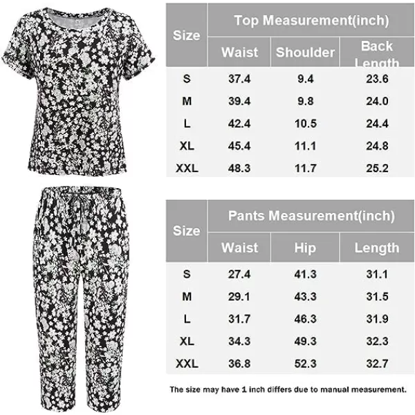 Ekouaer Womens Capri Pajama Sets Floral Print Short Sleeve Sleepwear Top and Capri Pants 2 Piece Loungewear with PocketsBlack