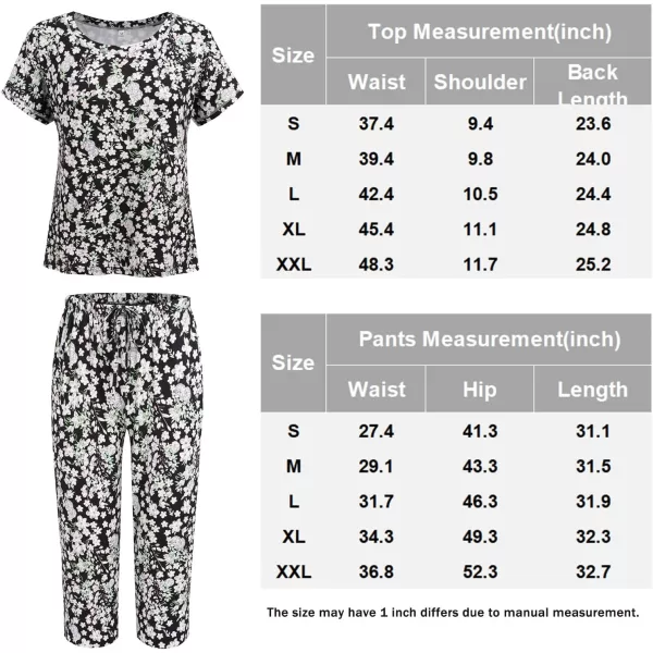 Ekouaer Womens Capri Pajama Sets Floral Print Short Sleeve Sleepwear Top and Capri Pants 2 Piece Loungewear with PocketsBlack Flowers