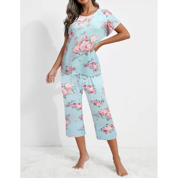 Ekouaer Womens Capri Pajama Sets Floral Print Short Sleeve Sleepwear Top and Capri Pants 2 Piece Loungewear with PocketsBlue Big Flowers