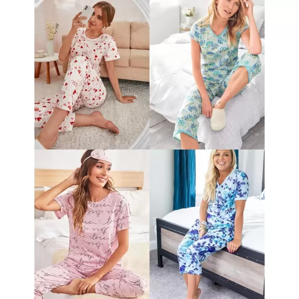 Ekouaer Womens Capri Pajama Sets Floral Print Short Sleeve Sleepwear Top and Capri Pants 2 Piece Loungewear with PocketsBlue Flowers