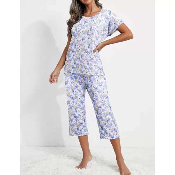 Ekouaer Womens Capri Pajama Sets Floral Print Short Sleeve Sleepwear Top and Capri Pants 2 Piece Loungewear with PocketsBlue Flowers