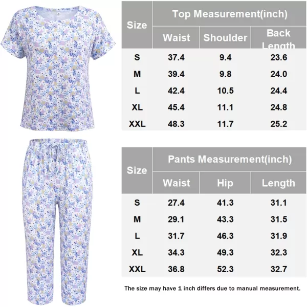 Ekouaer Womens Capri Pajama Sets Floral Print Short Sleeve Sleepwear Top and Capri Pants 2 Piece Loungewear with PocketsBlue Flowers