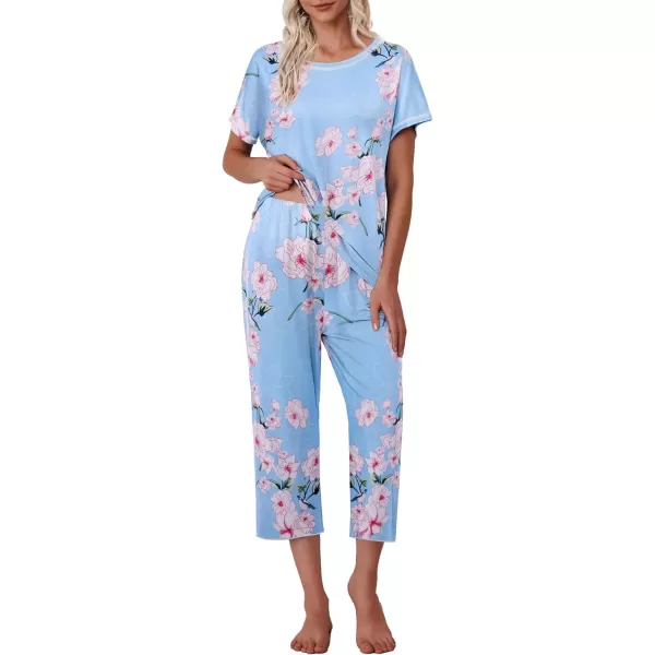 Ekouaer Womens Capri Pajama Sets Floral Print Short Sleeve Sleepwear Top and Capri Pants 2 Piece Loungewear with PocketsBlue Pink Flowers