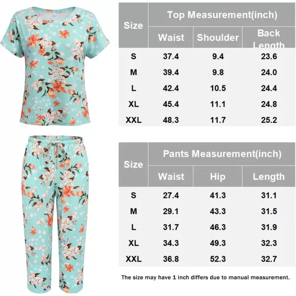 Ekouaer Womens Capri Pajama Sets Floral Print Short Sleeve Sleepwear Top and Capri Pants 2 Piece Loungewear with PocketsGreen Flowers