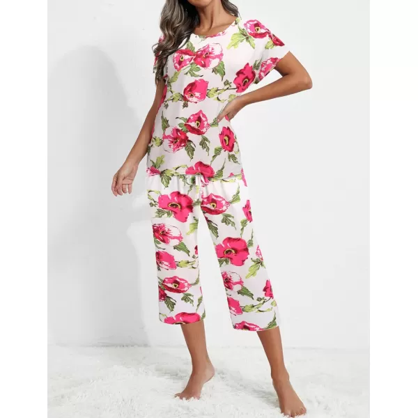 Ekouaer Womens Capri Pajama Sets Floral Print Short Sleeve Sleepwear Top and Capri Pants 2 Piece Loungewear with PocketsPink Big Flowers