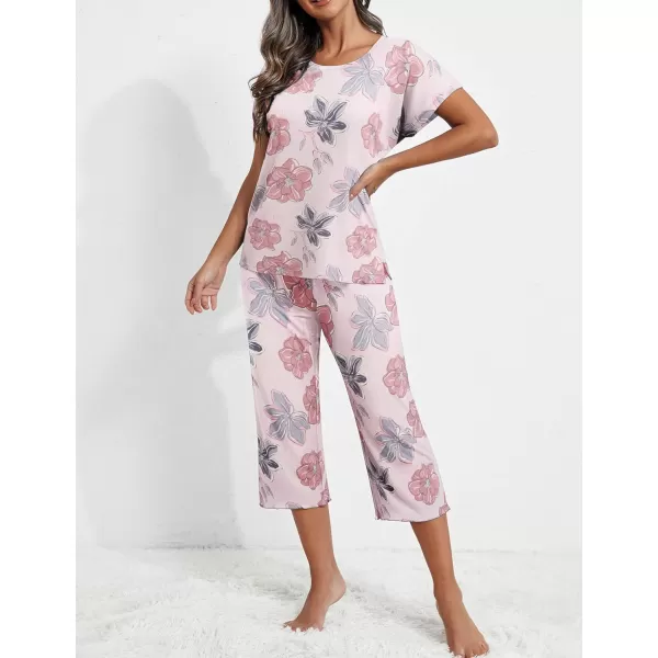 Ekouaer Womens Capri Pajama Sets Floral Print Short Sleeve Sleepwear Top and Capri Pants 2 Piece Loungewear with PocketsPink Flowers