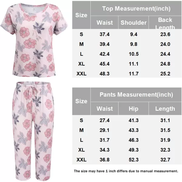 Ekouaer Womens Capri Pajama Sets Floral Print Short Sleeve Sleepwear Top and Capri Pants 2 Piece Loungewear with PocketsPink Flowers