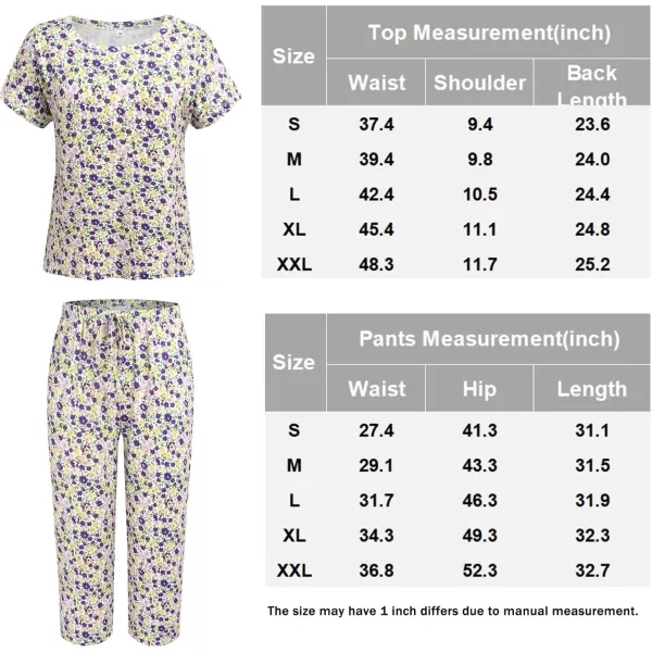 Ekouaer Womens Capri Pajama Sets Floral Print Short Sleeve Sleepwear Top and Capri Pants 2 Piece Loungewear with PocketsPurple Flowers