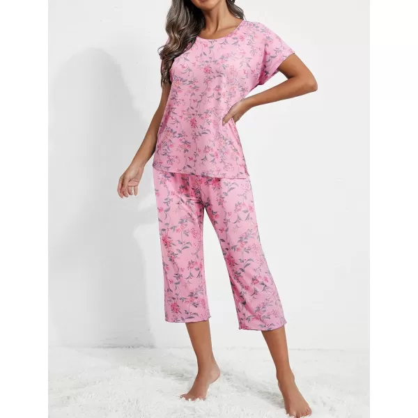 Ekouaer Womens Capri Pajama Sets Floral Print Short Sleeve Sleepwear Top and Capri Pants 2 Piece Loungewear with PocketsRoes Flowers