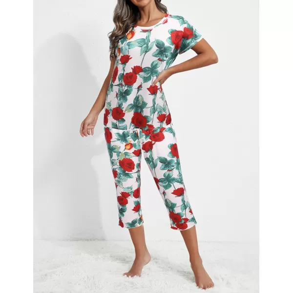 Ekouaer Womens Capri Pajama Sets Floral Print Short Sleeve Sleepwear Top and Capri Pants 2 Piece Loungewear with PocketsWhite Rose Flowers