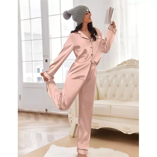 Ekouaer Womens Classic Button Down Long Satin Silk Pajama SetApink