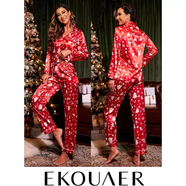 Ekouaer Womens Classic Button Down Long Satin Silk Pajama SetAred Chirstmas Pattern