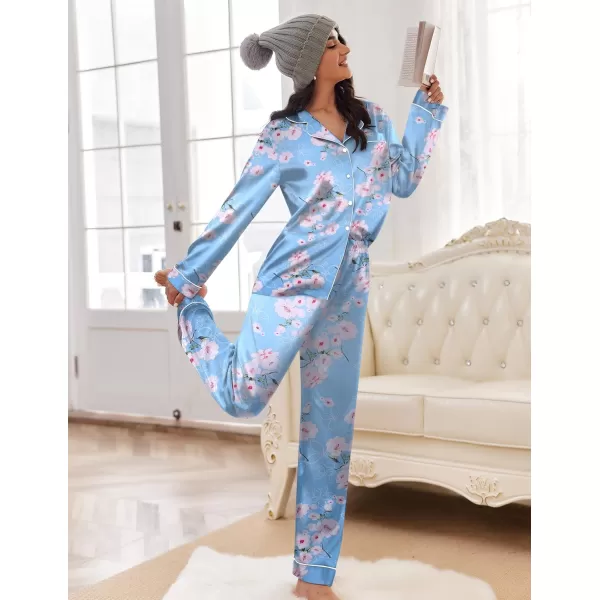 Ekouaer Womens Classic Button Down Long Satin Silk Pajama SetBlue Floral Pattern