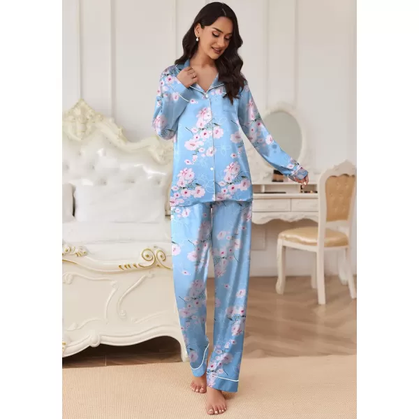 Ekouaer Womens Classic Button Down Long Satin Silk Pajama SetBlue Floral Pattern