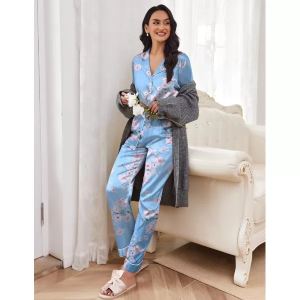 Ekouaer Womens Classic Button Down Long Satin Silk Pajama SetBlue Floral Pattern