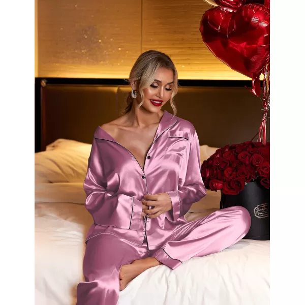 Ekouaer Womens Classic Button Down Long Satin Silk Pajama SetBpink