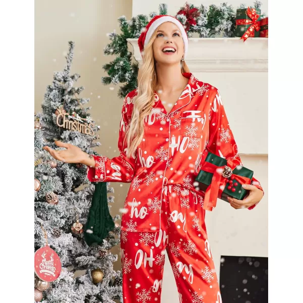 Ekouaer Womens Classic Button Down Long Satin Silk Pajama SetBred Chirstmas Pattern