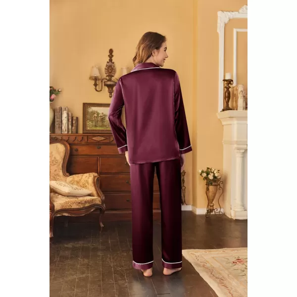 Ekouaer Womens Classic Button Down Long Satin Silk Pajama SetBurgundy