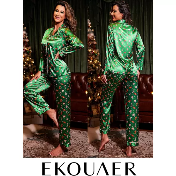 Ekouaer Womens Classic Button Down Long Satin Silk Pajama SetGreen Chirstmas Pattern