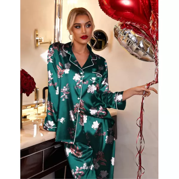 Ekouaer Womens Classic Button Down Long Satin Silk Pajama SetGreen Floral Pattern