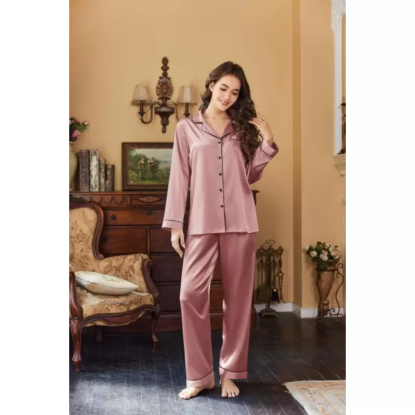 Ekouaer Womens Classic Button Down Long Satin Silk Pajama SetLotus Color