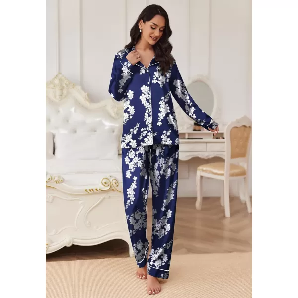 Ekouaer Womens Classic Button Down Long Satin Silk Pajama SetNavy Floral Pattern