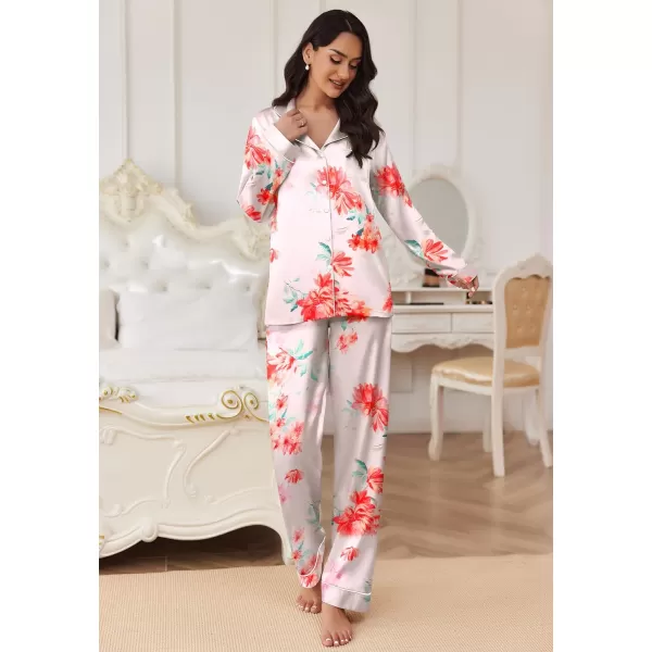 Ekouaer Womens Classic Button Down Long Satin Silk Pajama SetPink Floral Pattern