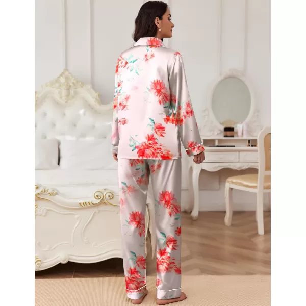 Ekouaer Womens Classic Button Down Long Satin Silk Pajama SetPink Floral Pattern