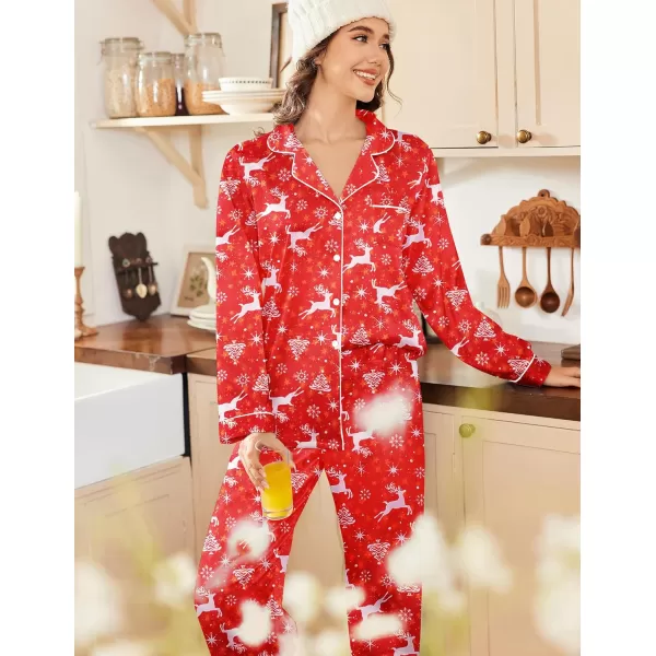 Ekouaer Womens Classic Button Down Long Satin Silk Pajama SetRed Christmas Elk