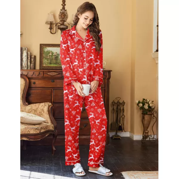 Ekouaer Womens Classic Button Down Long Satin Silk Pajama SetRed Christmas Elk