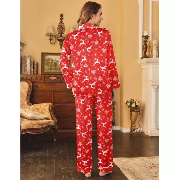 Ekouaer Womens Classic Button Down Long Satin Silk Pajama SetRed Christmas Elk