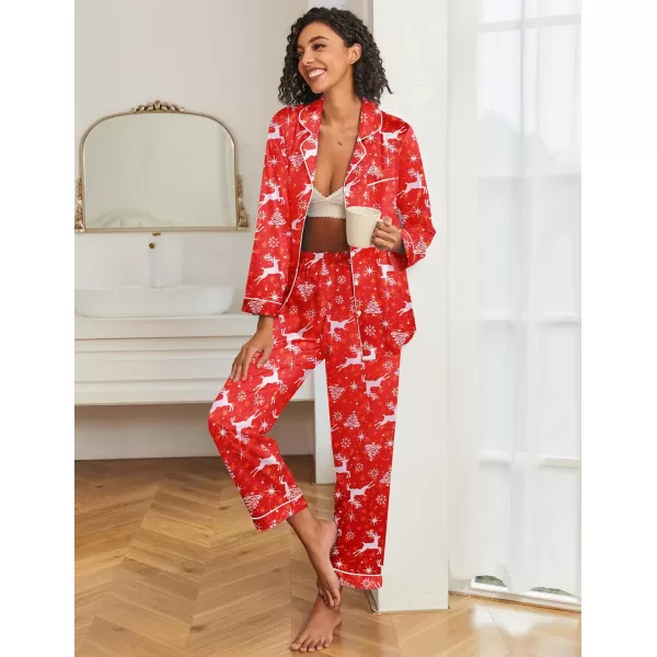 Ekouaer Womens Classic Button Down Long Satin Silk Pajama SetRed Christmas Elk