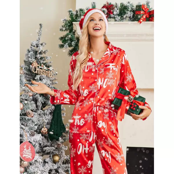 Ekouaer Womens Classic Button Down Long Satin Silk Pajama SetRed Snow Chirstmas Pattern