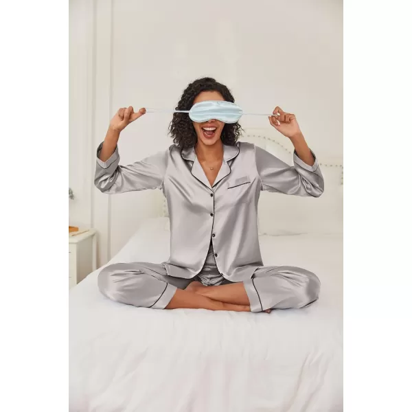 Ekouaer Womens Classic Button Down Long Satin Silk Pajama SetSilver