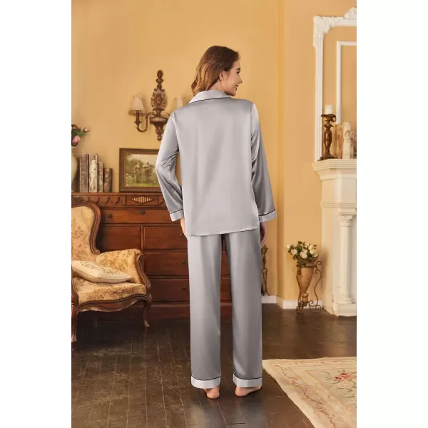 Ekouaer Womens Classic Button Down Long Satin Silk Pajama SetSilver