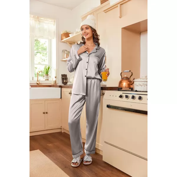 Ekouaer Womens Classic Button Down Long Satin Silk Pajama SetSilver