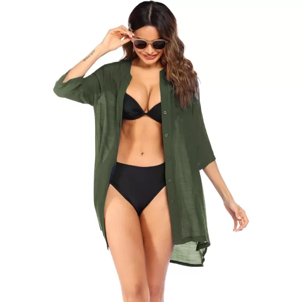 Ekouaer Womens Cover Up Shirt VNeck Swimsuit Beach Bikini Beachwear Button Down Bathing Suit S3XLASolid Color Army Green