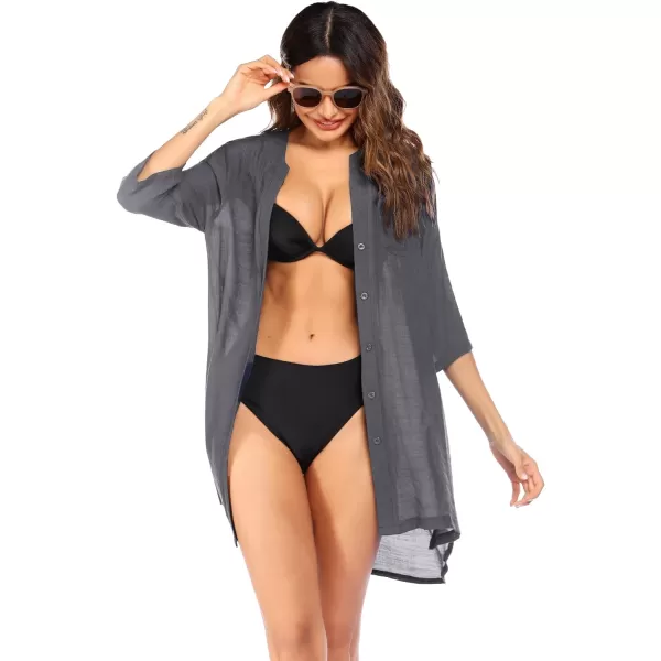 Ekouaer Womens Cover Up Shirt VNeck Swimsuit Beach Bikini Beachwear Button Down Bathing Suit S3XLASolid Color Dark Grey