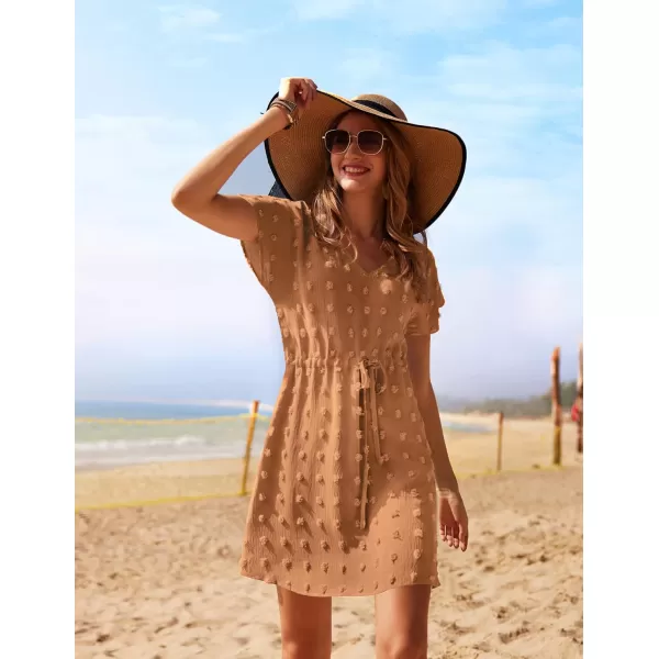 Ekouaer Womens Cover Up Short Sleeve Beachwear Coverups Loose VNeck Bikini Beach Tunic Top XS3XLCcamelswiss Dot