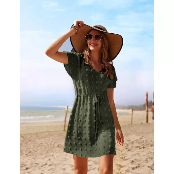 Ekouaer Womens Cover Up Short Sleeve Beachwear Coverups Loose VNeck Bikini Beach Tunic Top XS3XLCdeep Army Greenswiss Dot