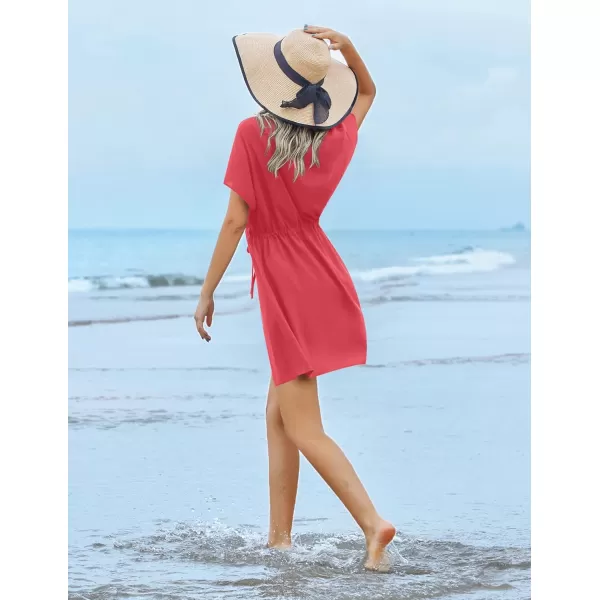 Ekouaer Womens Cover Up Short Sleeve Beachwear Coverups Loose VNeck Bikini Beach Tunic Top XS3XLDark Pink01