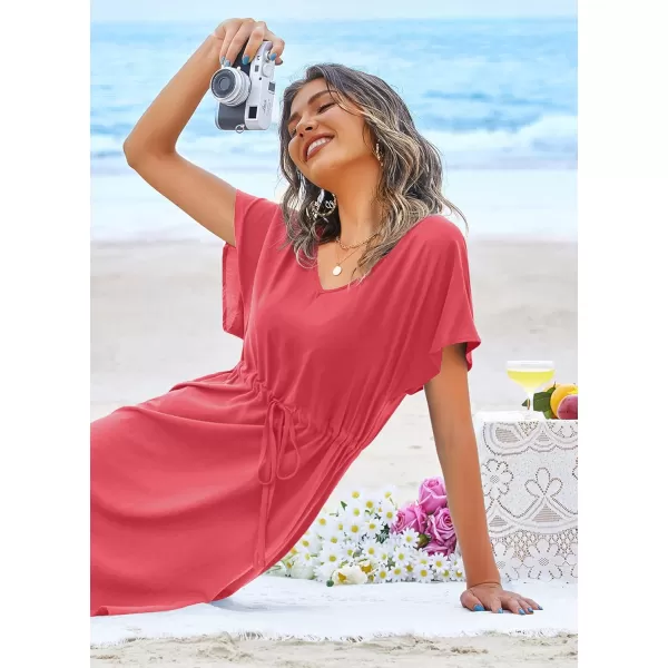 Ekouaer Womens Cover Up Short Sleeve Beachwear Coverups Loose VNeck Bikini Beach Tunic Top XS3XLDark Pink01