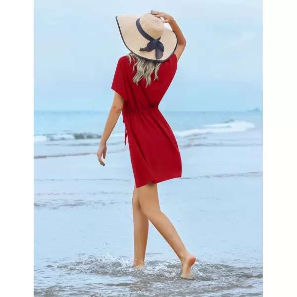 Ekouaer Womens Cover Up Short Sleeve Beachwear Coverups Loose VNeck Bikini Beach Tunic Top XS3XLRed01