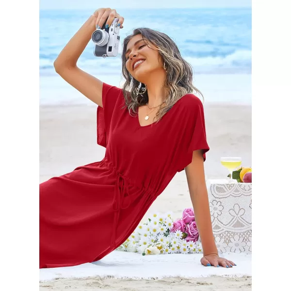 Ekouaer Womens Cover Up Short Sleeve Beachwear Coverups Loose VNeck Bikini Beach Tunic Top XS3XLRed01