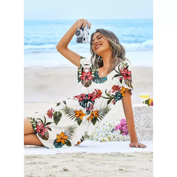Ekouaer Womens Cover Up Short Sleeve Beachwear Coverups Loose VNeck Bikini Beach Tunic Top XS3XLWhite Leaf01