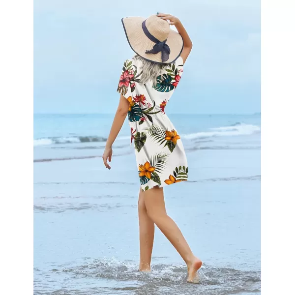 Ekouaer Womens Cover Up Short Sleeve Beachwear Coverups Loose VNeck Bikini Beach Tunic Top XS3XLWhite Leaf01