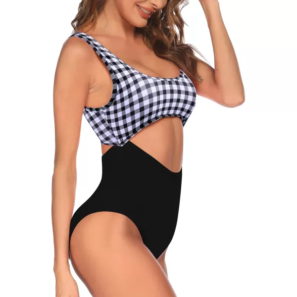 Ekouaer Womens Cutout One Piece Swimsuits Tribal Bathing Suits Monokini Hollow Out Keyhole Swimwear4 Black White Grid
