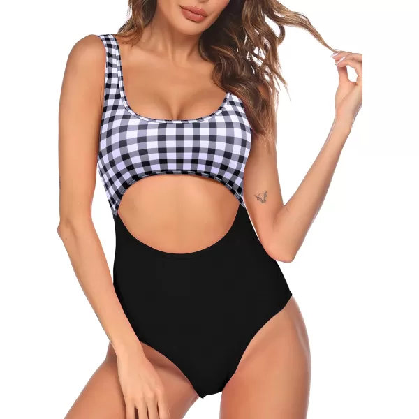 Ekouaer Womens Cutout One Piece Swimsuits Tribal Bathing Suits Monokini Hollow Out Keyhole Swimwear4 Black White Grid
