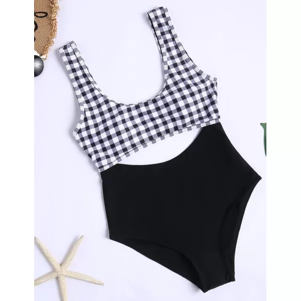 Ekouaer Womens Cutout One Piece Swimsuits Tribal Bathing Suits Monokini Hollow Out Keyhole Swimwear4 Black White Grid