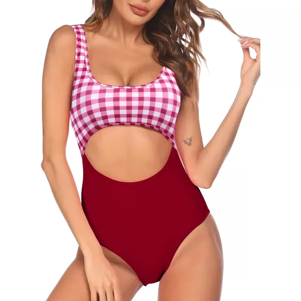 Ekouaer Womens Cutout One Piece Swimsuits Tribal Bathing Suits Monokini Hollow Out Keyhole Swimwear4 Red Grid